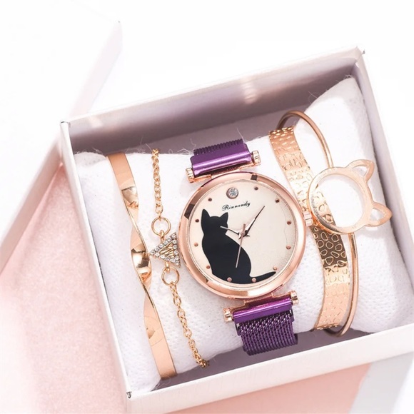 Women Fashion Watches Quartz Wristwatch Purple Mesh Belt Cat Dial Luxury Women - Picture 2 of 6